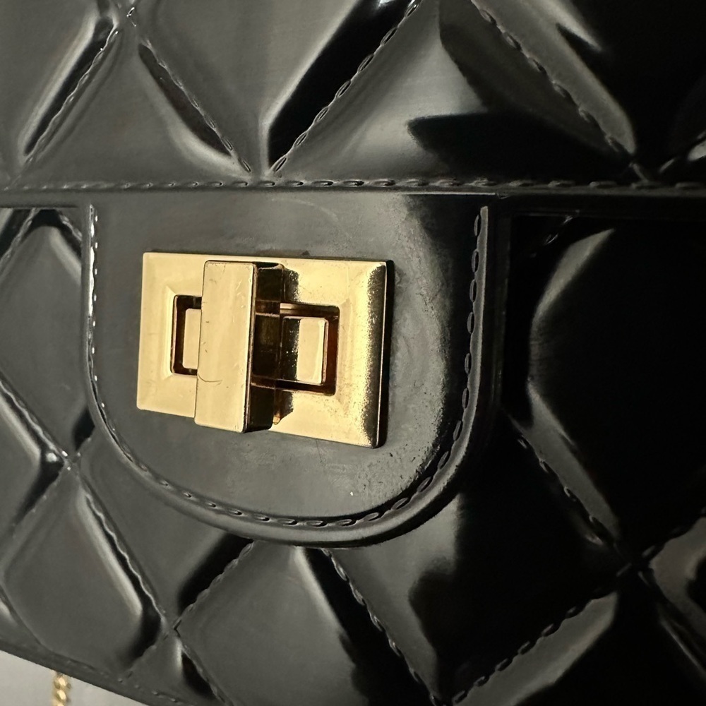 Womens Quilted Black Crossbody Bag Classic Top Handle Chain Link Faux Leather S - Picture 3 of 10